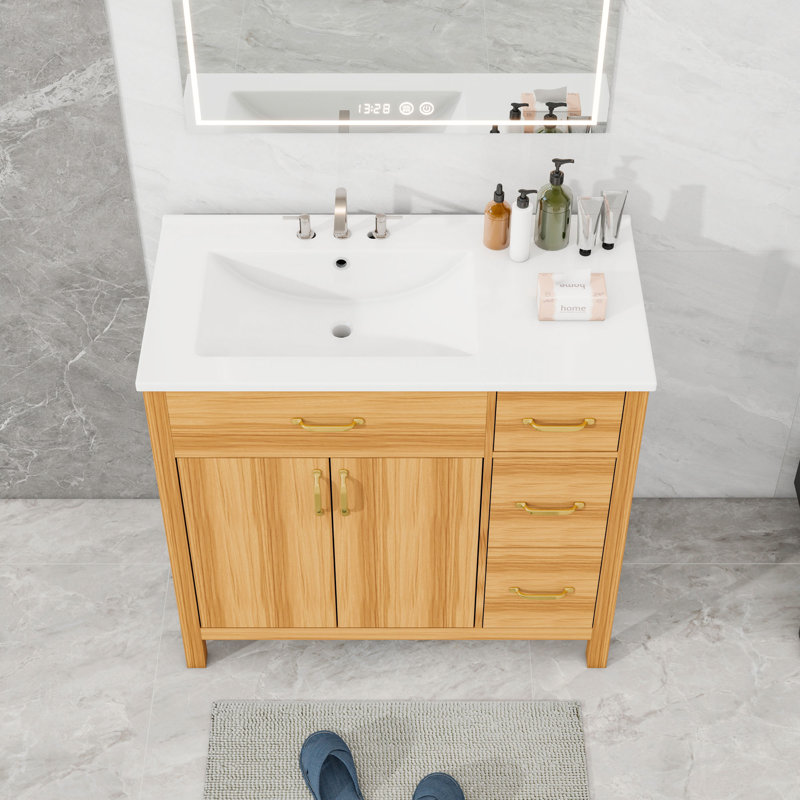 Meuble-lavabo avec lavabo en céramique, 3 tiroirs, portes à fermeture en douceur et tablette réglable