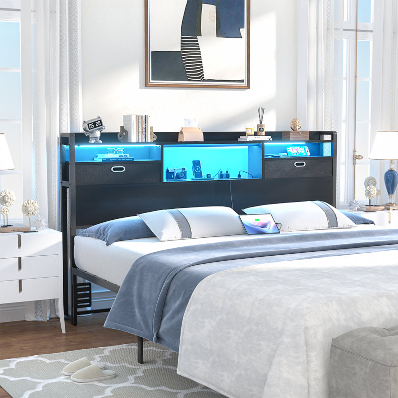 45.3" H Metal Storage Headboards With Cloth Darwers, Outlets,USB Ports And LED Lights, Black, Queen