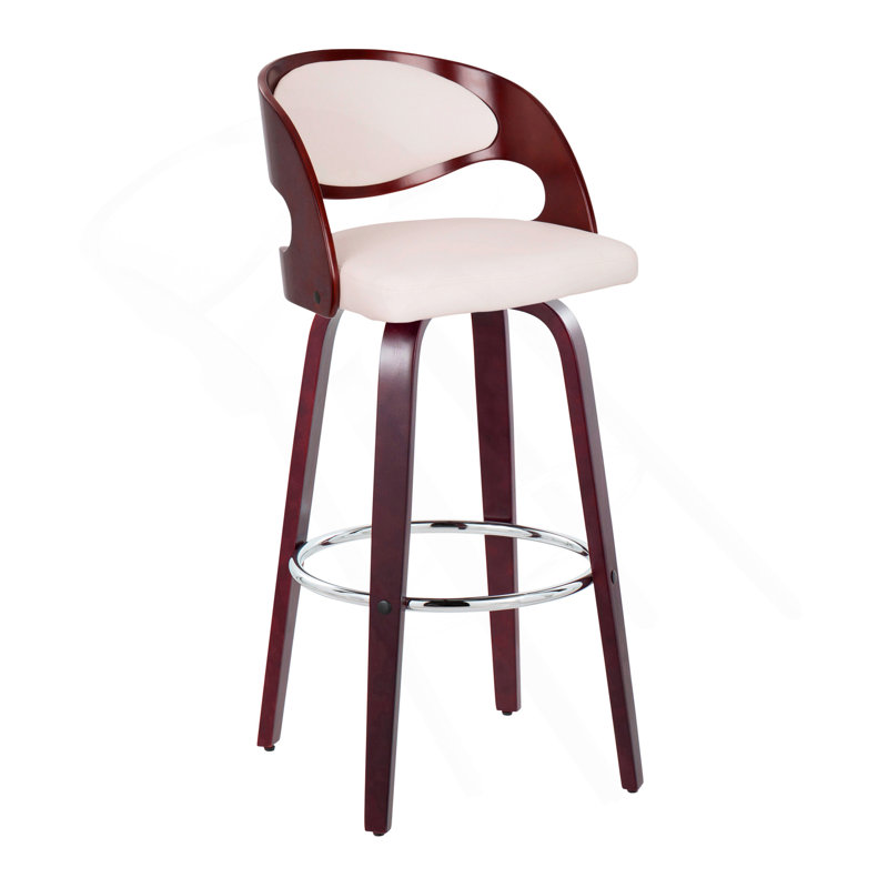 Pino 30" Mid-Century Modern Fixed-Height Barstool With Swivel In Cherry Wood And White Faux Leather With Round Chrome Metal Footrest By Lumisource - Set Of 2