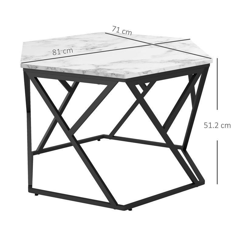 Hexagonal Coffee Table, Cocktail Table, Marble Top With Steel Frame, White