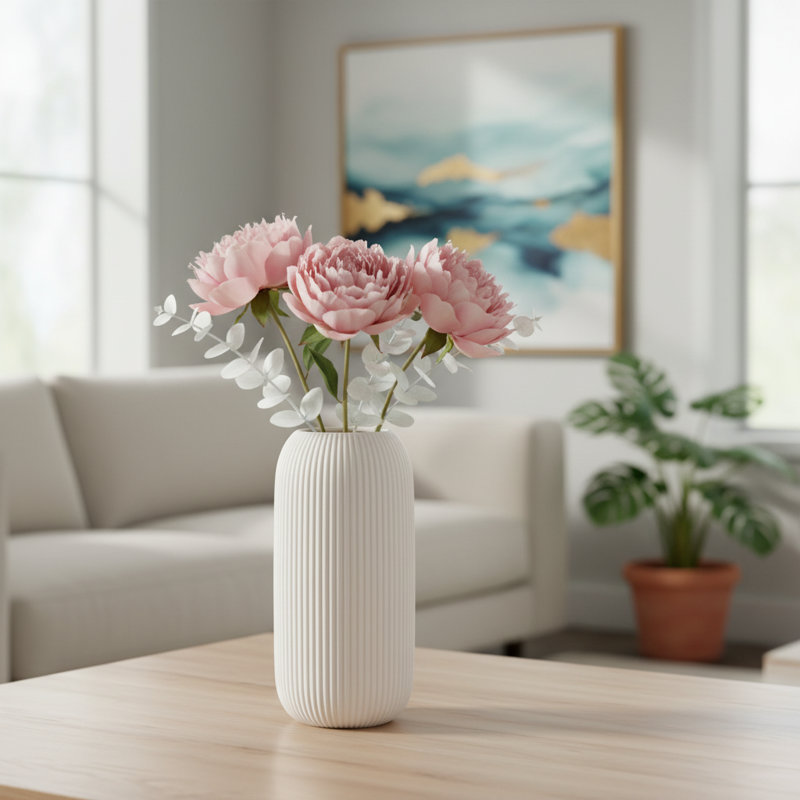 White Small Ceramic Vase, Ribbed Design, Home Living Decoration, Farmhouse Style For Coffee Table, Kitchen, Bookshelf, White