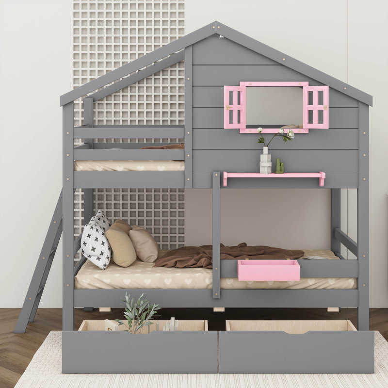 Practical Twin - Over - Twin Bunk Bed Two Built - In Drawers, Grey