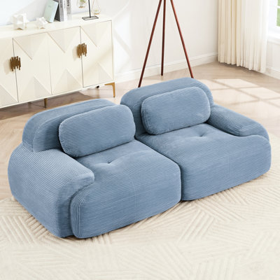 Canapé 2 places de luxe en velours côtelé bleu 82 po avec structure lisse et incurvée antidérapante, rembourrage haute élasticité, modulable pour une installation dans les espaces audiovisuels et les chambres à coucher.