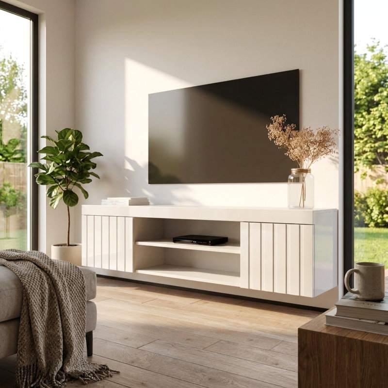 70.9" Modern TV Stand with High Gloss Finish, White