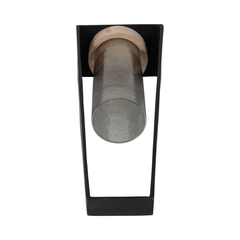 Decorative Metal Pillar Hurricane Candle Holder with Sandstone Base - Modern Tabletop Candlestick Holder for Tabletop Accent - Black