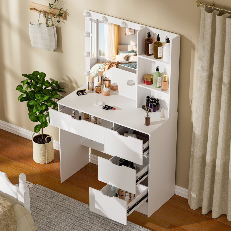 Coiffeuse de maquillage moderne avec miroir lumineux à DEL et table de coiffeuse 4 tiroirs avec 3 modes de couleur