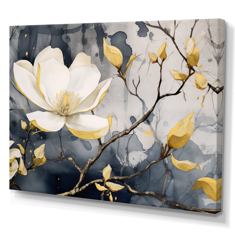 Jaune jaune, gris, magnolia, nature, élégance III - art mural sur toile florale, Toile tendue, H 34 po x l 44 po x P 1,5 po