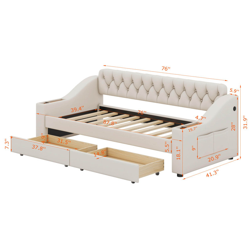 Twin Size Upholstered Daybed with Storage Armrests and USB Port, Beige