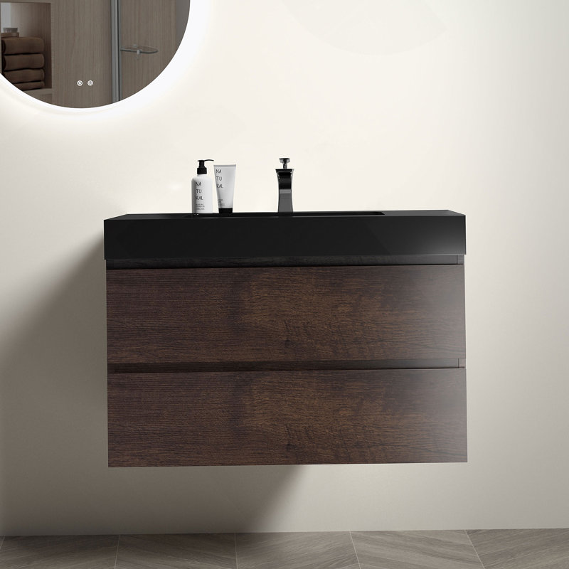 Meuble-lavabo mural avec lavabo, grand meuble-lavabo flottant mural, Noyer, 36", Noir