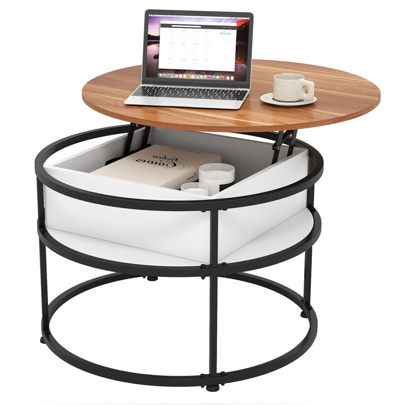 Table basse à plateau relevable rond Hommoo de 31,5 po avec compartiment de rangement caché et tablettes latérales, structure en bois d'ingénierie et en métal, teck et noir
