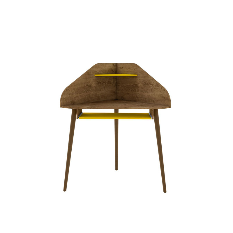 Bradley Mid-Century Modern Corner Desk with Keyboard Shelf in Rustic Brown and Yellow, Rustic Brown/Yellow