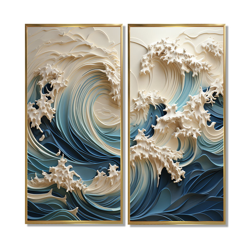 «White and Blue Wave Papercut Style III - Coastal Waves», ensemble de 2 impressions murales côtières, H 20 po x l 24 po, Doré