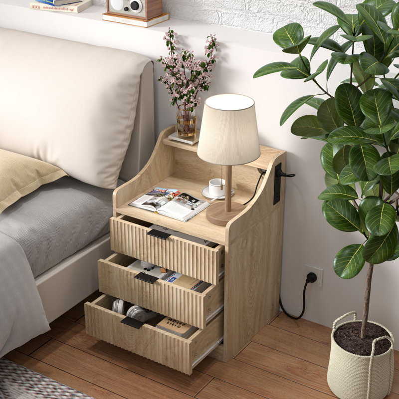 Light Brown 3-Drawer Nightstand with Charging Station