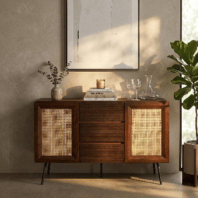  NTC Mossic Sideboard with 2 Doors and 3 Drawers, Buffet Cabinet with Natural Rattan and Metal Legs, Modern Storage Cabinet for Living Room, Dining Room, and Hallway, Effortless Assembly