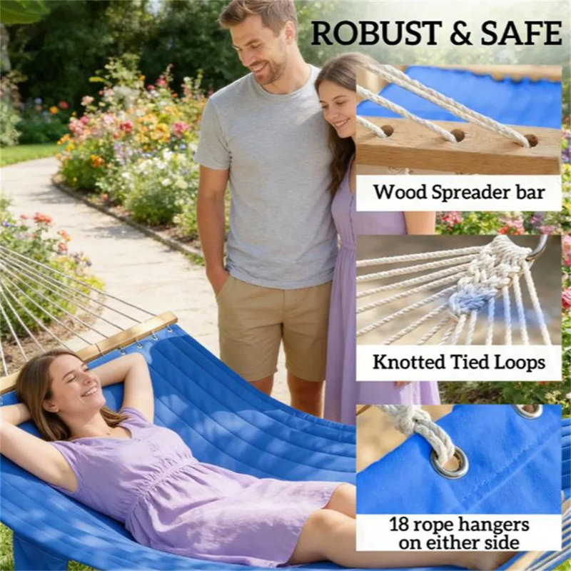 Double Quilted Hammock with Spreader Bar, 2‑Person Outdoor Hammock with Detachable Pillow & Side Pocket for Patio Backyard, Navy Blue