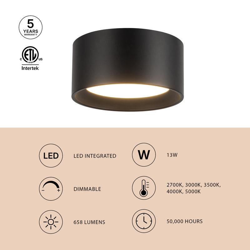 Uma 7-in Black dimmable LED Semi-Flush Mount, Height 3.5 in, White