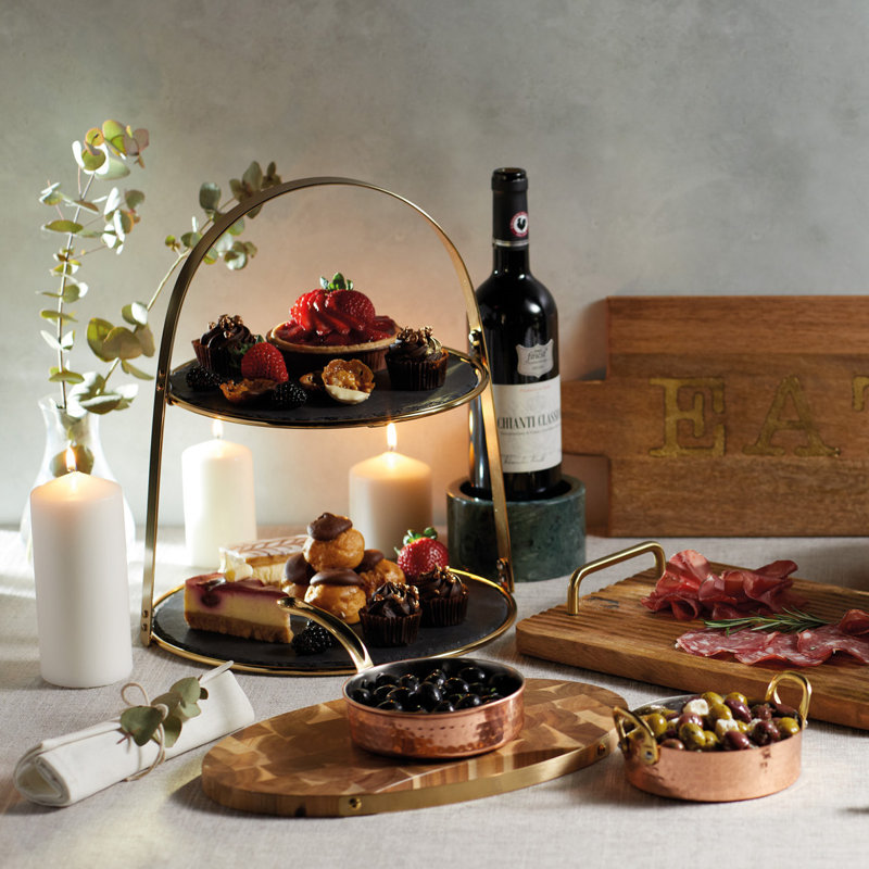 Artesá 2-Tier Brass Cake Stand with Round Slate Serving Platters