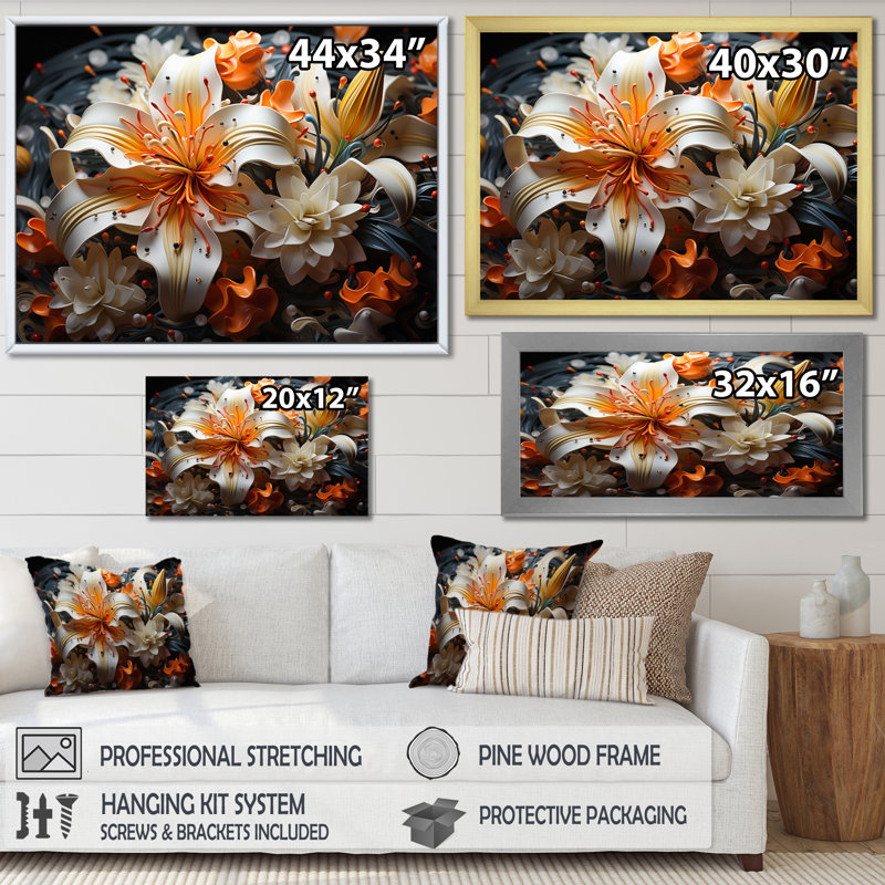 " Peach White Lilies Vibrant ", 34" H x 44" W x 1.5" D, Wrapped Canvas