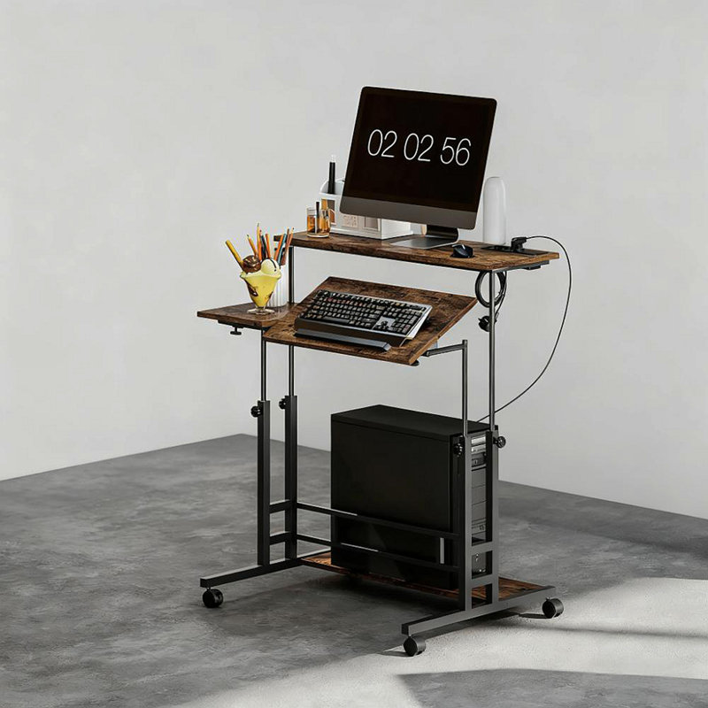 Bureau debout ajustable avec plateau inclinable, roulettes et tablette