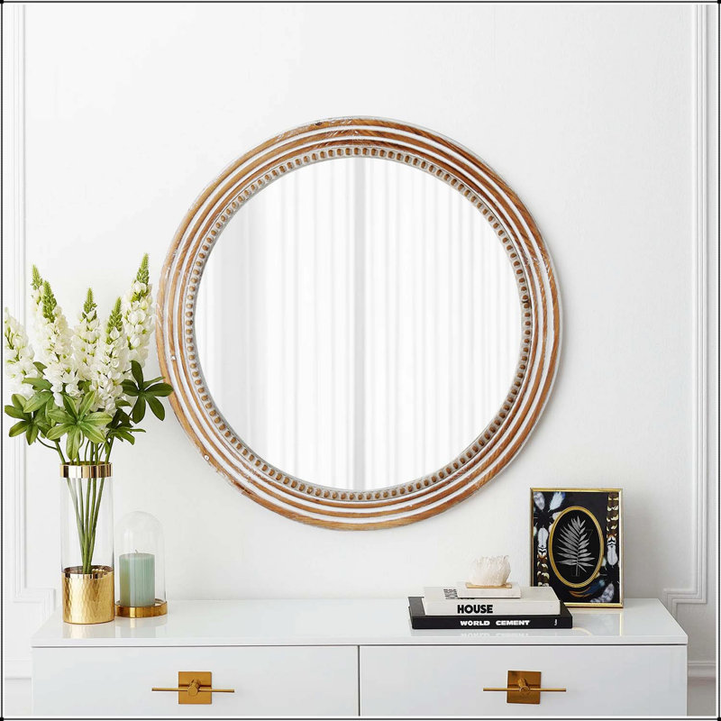 Miroir mural rond rustique, miroir circulaire en bois de 23,62 pouces avec perles, miroir décoratif de ferme pour salon, chambre à coucher, cuisine, entrée (blanc)
