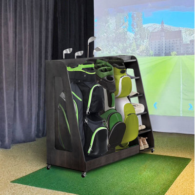 Support de rangement en bois pour sac de golf, peut contenir 2 sacs de support et plus de 14 bâtons, organisateur pour balles de golf, chaussures et accessoires, robuste pour le garage, utilisation intérieure et extérieure, assemblage facile