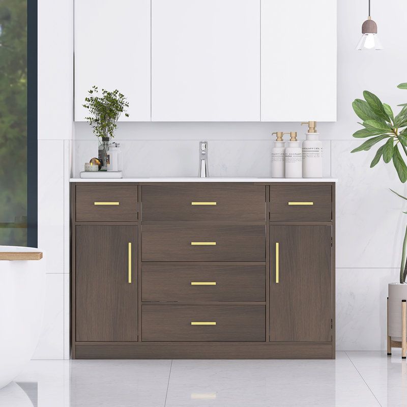 Meuble-lavabo autoportant moderne moderne de 48 pouces avec lavabo simple en résine, avec 6 tiroirs à fermeture douce, 2 portes