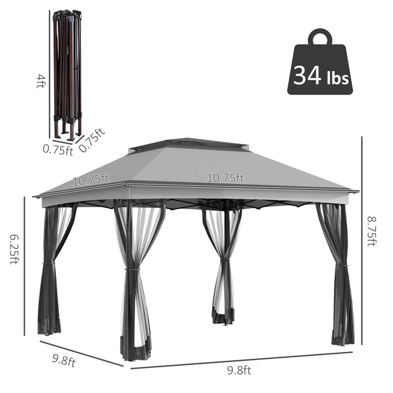 11' X 11' Pop Up Canopy, Outdoor Patio Gazebo Shelter With Removable Zipper Netting, Instant Event Tent W/ 114 Square Feet Of Shade And Carry Bag For Backyard, Garden
