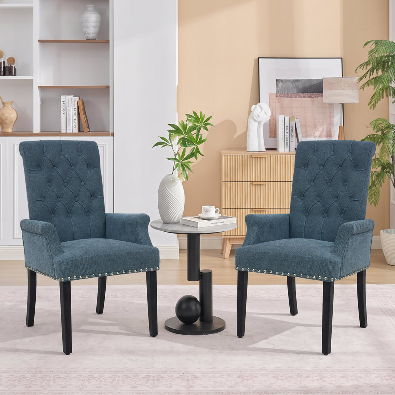 Amdad Tufted Linen Arm Chair, Dark Blue, Black, Linen
