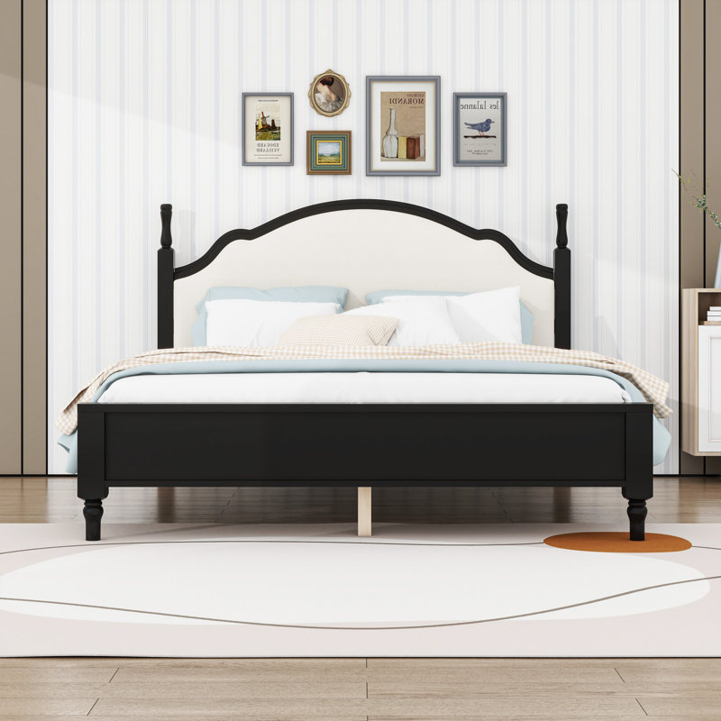 Lit plateforme en bois avec tête de lit tapissier, King, Black/Beige