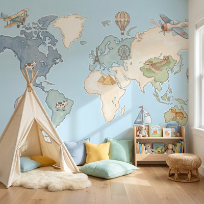 Papier peint carte du monde avec montgolfière