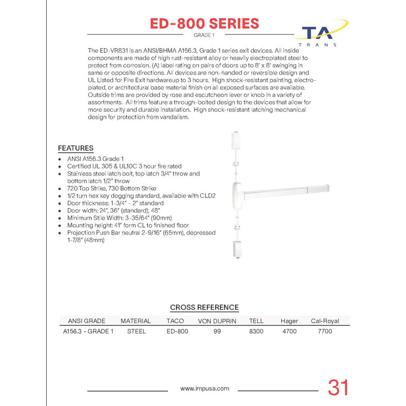 Dispositif de sortie de barre de sécurité à barre verticale en aluminium 800 Series 36 po