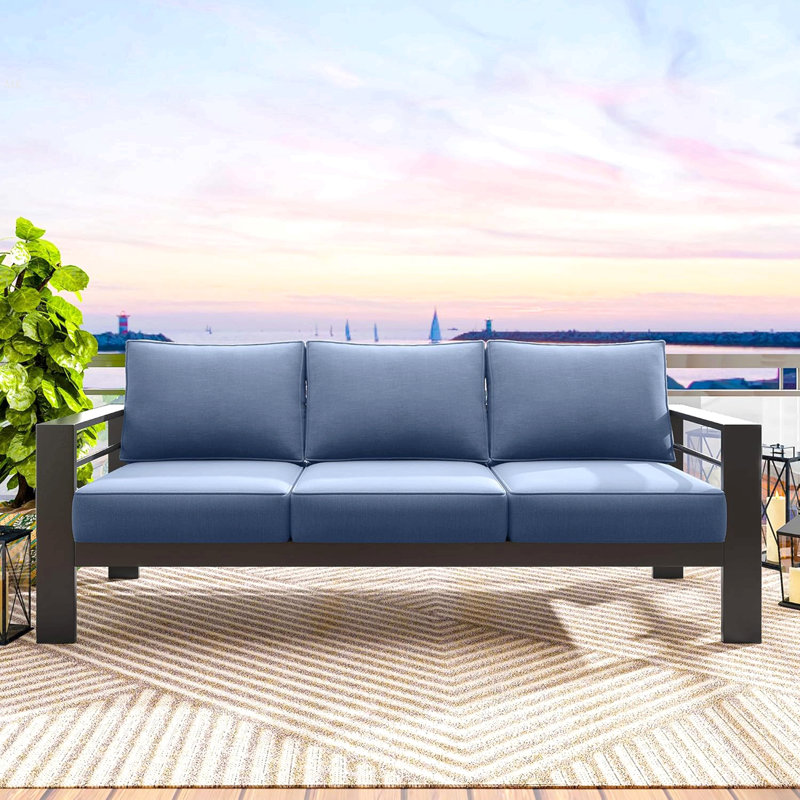 73" All-Weather Aluminum Patio Sofa, 3 Seat Outdoor Couch With  Thick Blue Cushions & Black Frame, Blue, Black