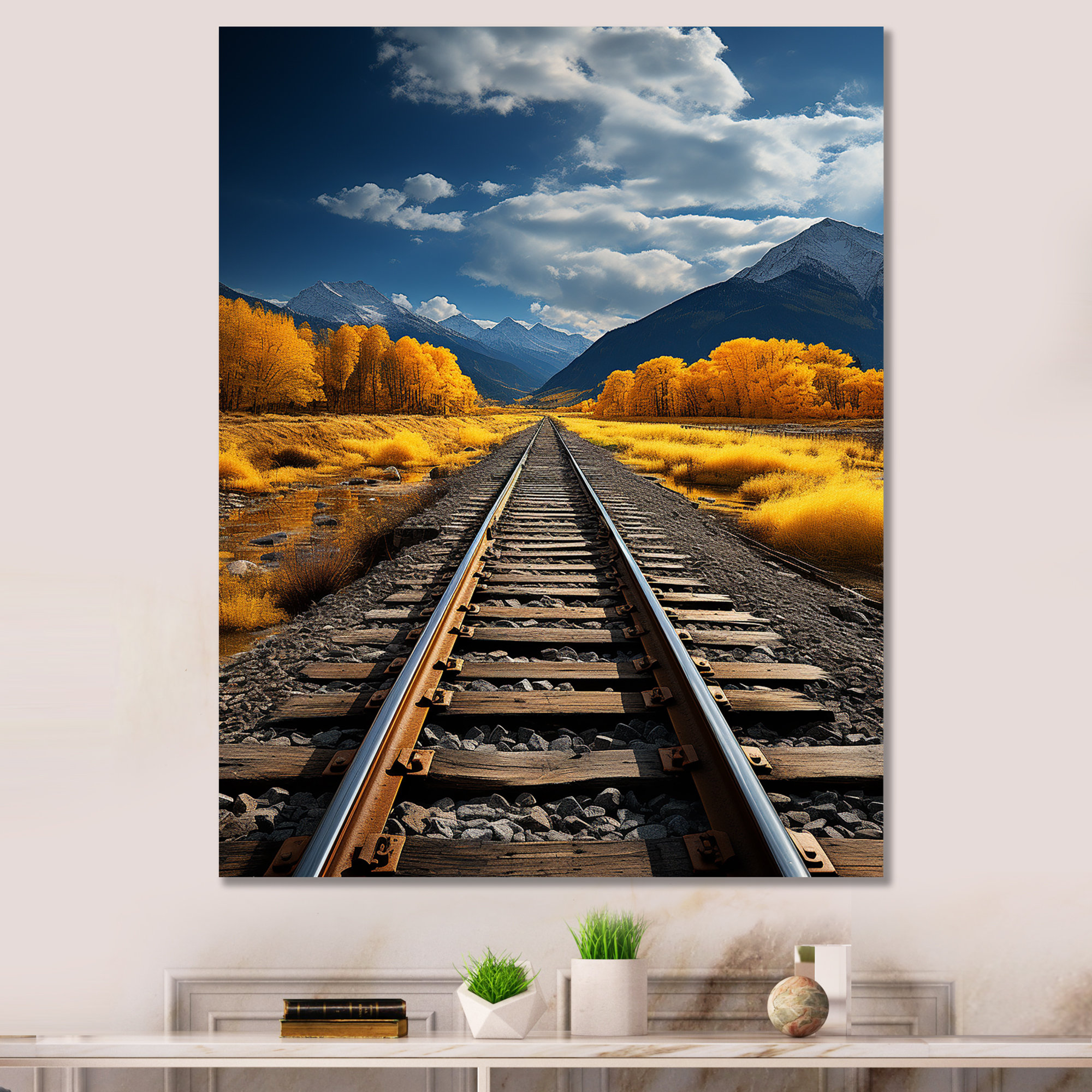 Latitude Run® Rail Track Through Yellow Prairies - Modern Wall Decor ...