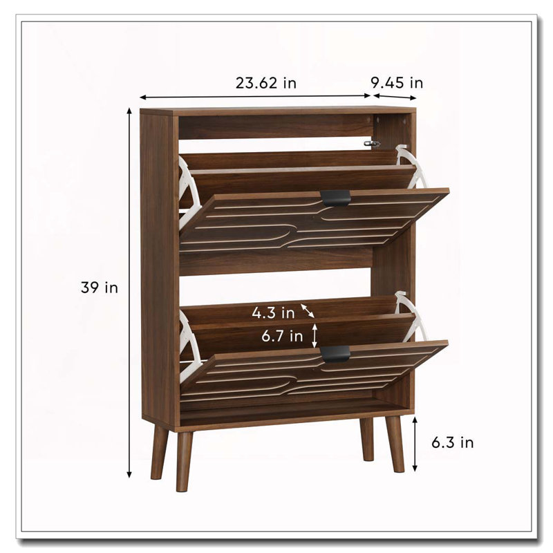 Independent Shoe Cabinet, 23.62-Inch Walnut Shoe Storage Cabinet,, Fence Shoe Cabinet With 2 Flip Drawers