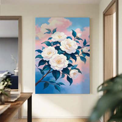1Pc Framed Wall Art White camellia flowers bloom on a branch, set against a pastel sky, Watercolor painting style. Canvas Poster Paintings Ideal Gift For Living Room Bedroom Corridor Wall Decor Room Decoration Ready to Hang，2D Flat