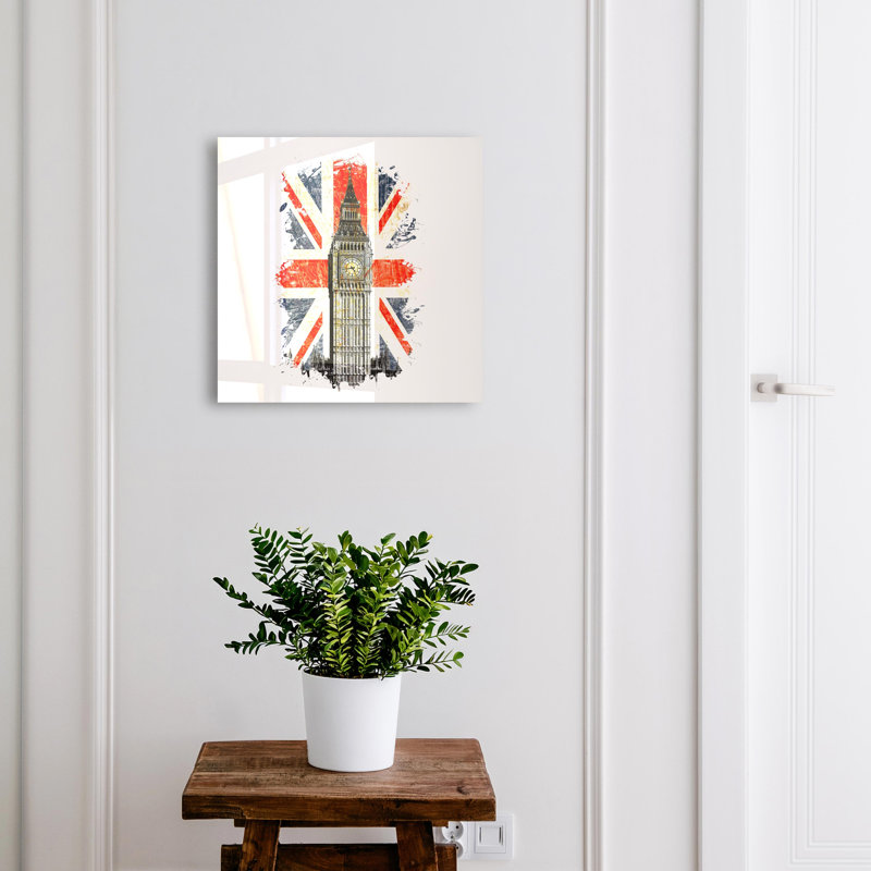 Decorative key box for wall, Opens to the right, 30x30x5, White, The clock tower with the British flag in the background, 