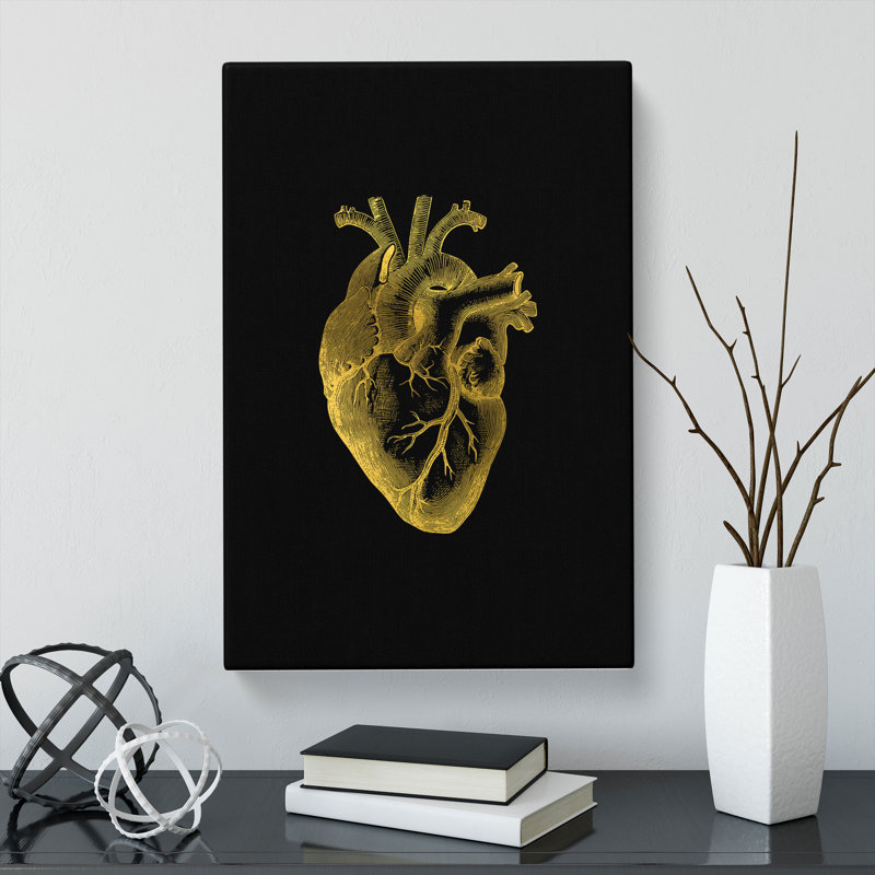 Black Gold Anatomical Heart - Wrapped Canvas Painting, 60cm H x 40cm W x 3cm D