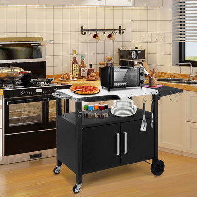 Chariot de gril extérieur avec rangement, îlot de cuisine mobile à chariot à roulettes pour barbecue, table de chariot de salle à manger de patio pour la préparation des aliments avec plateau pliable à crochets à roulettes