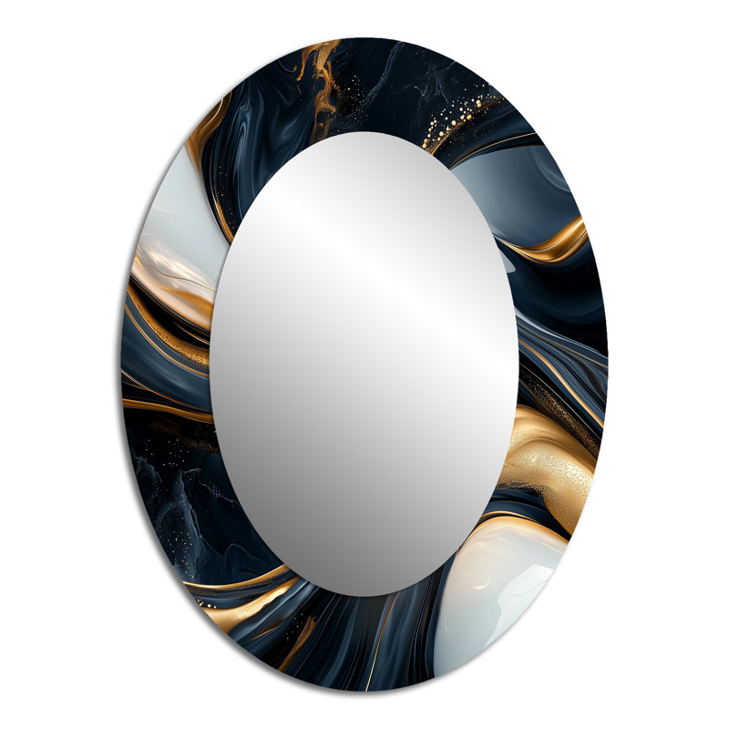 Or et noir captivant marbre II - miroir décoratif ovale abstrait sur métal, 40 po x 30 po