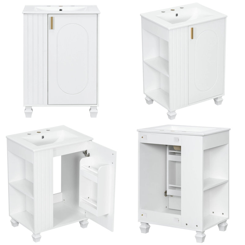 Meuble-lavabo classique 24 po avec lavabo en céramique - Structure en bois de pin massif, porte à fermeture en douceur avec tablette à 2 niveaux, espace de rangement latéral ouvert et sous-lavabo, armoire autoportante pour petites salles de bain