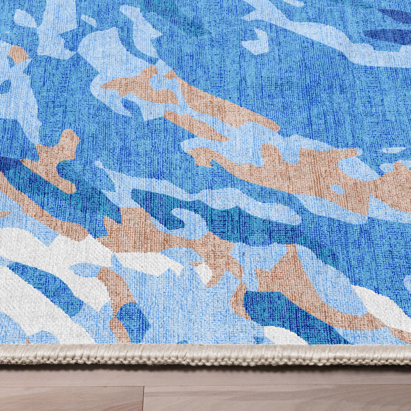 Tapis bleu à tissage plat en marbre Nuzzo Dunes, Rectangle 7 pi 7 po x 9 pi 10 po