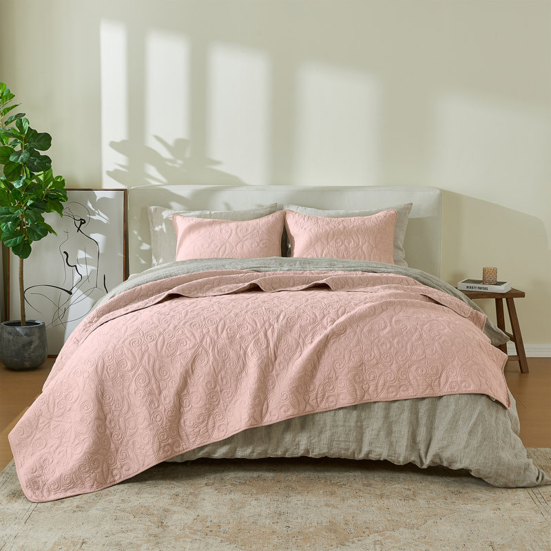 Ensemble de courtepointe 100% coton avec détails surpiqués Boho, Rose - volute