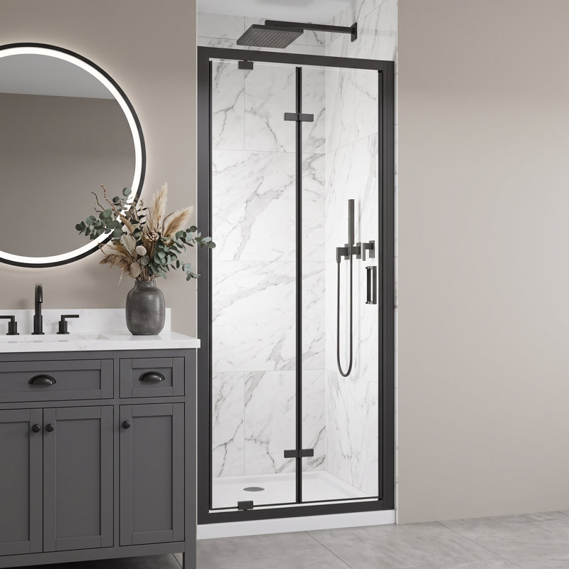 Porte de douche pliante en aluminium noir mat 32 po x H 72 po x verre trempé transparent 1/4 po, 32“