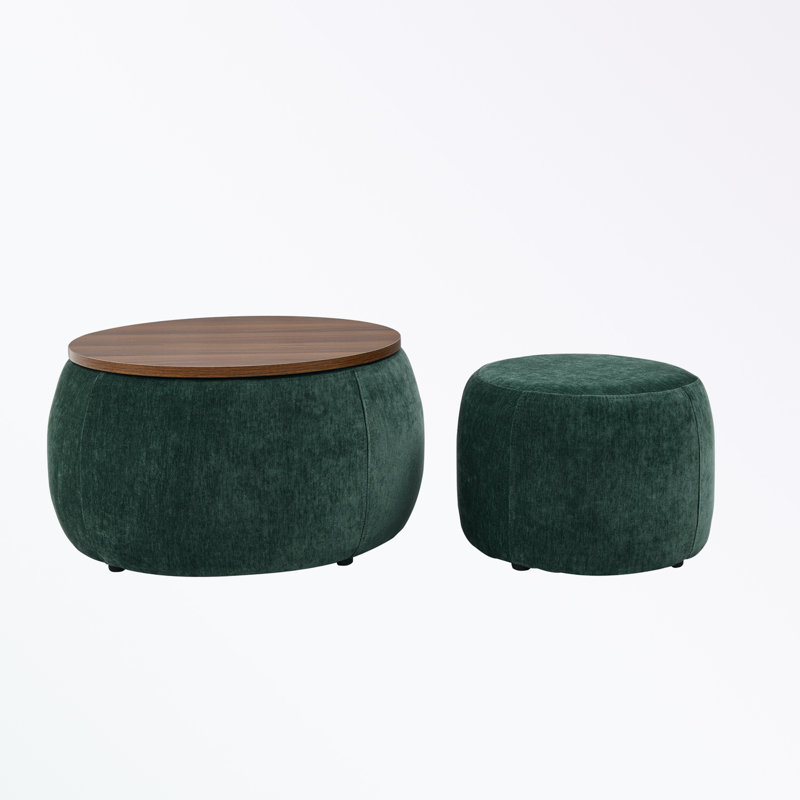 Round Storage Ottoman, 2 in 1 Function, Work as End table and Ottoman,with small seat,(25"x25"x14.7"), Green