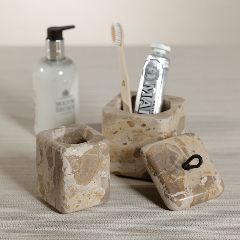 Marble Bathroom Vanity Jar, Beige Crema Fossil