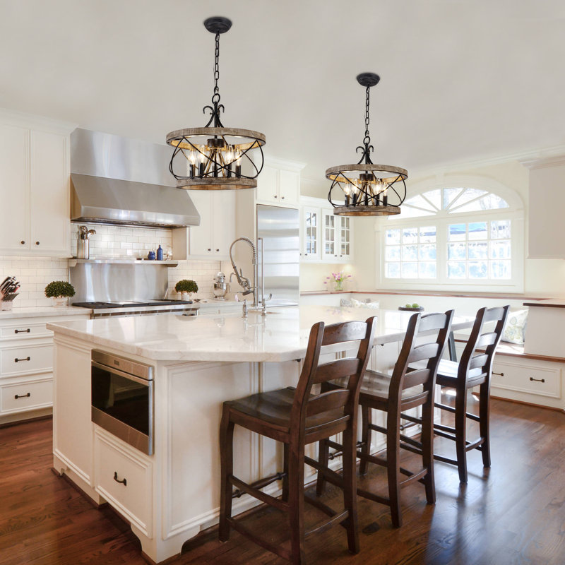 Muradif Gracie Oaks Farmhouse Drum Dining Room Wood Chandelier, 5-Light Kitchen Island Light Fixture for Entryway