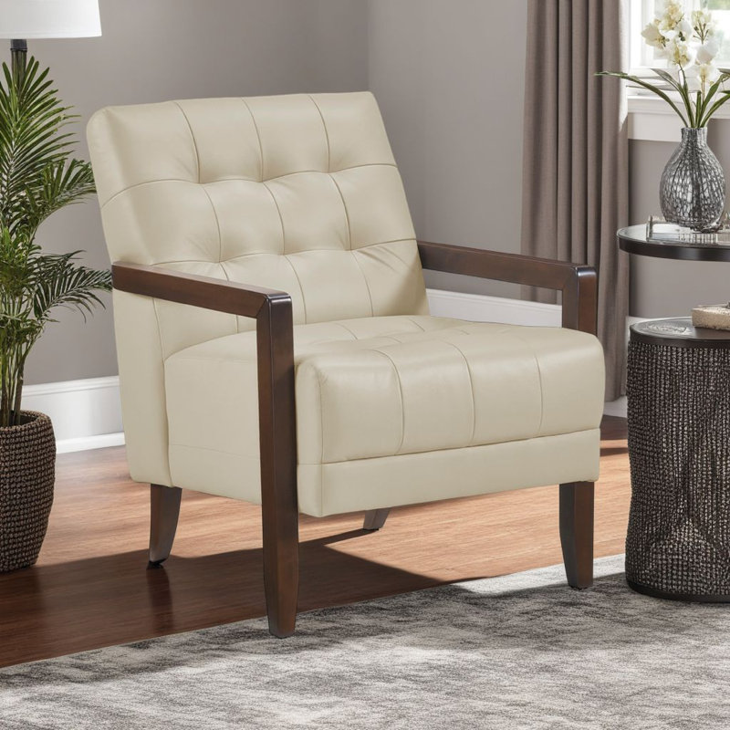 Fauteuil Lenie, cuir capitonné, bois de noyer, Beige