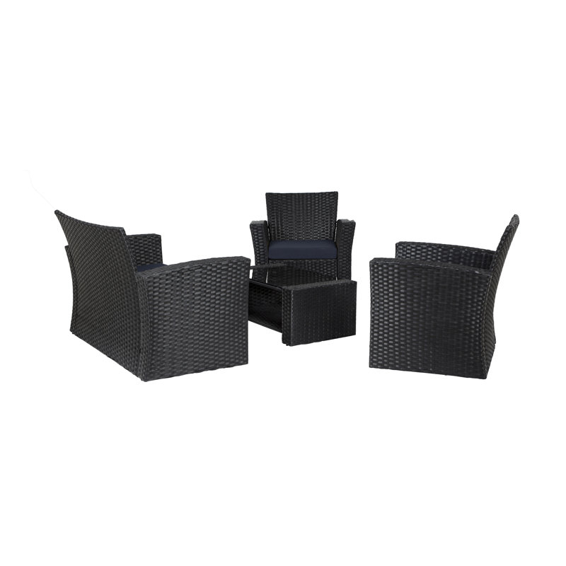 Ensemble de conversation en osier / rotin pour 4 personnes avec coussins Delano, Noir, Bleu marine Performance