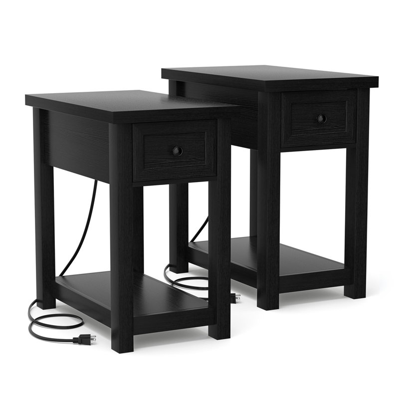 Table d'appoint étroite avec tiroir et tablettes, Noir, 2