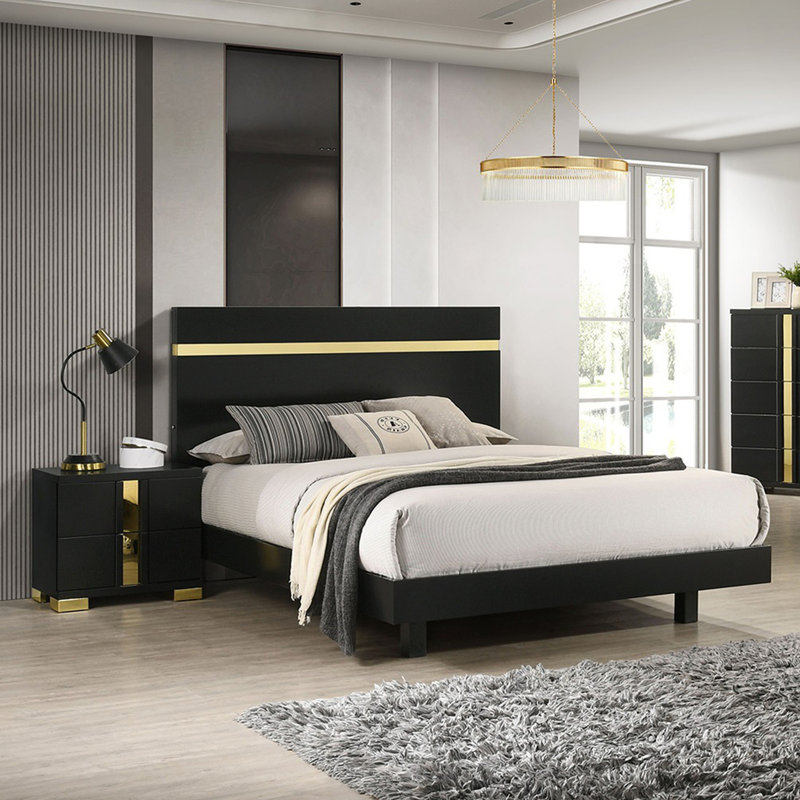 Ensemble de chambre à coucher moderne 3 pièces avec tables de chevet 2 x DEL, Noir, Très grand
